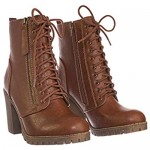 SODA Malia Round Toe Stacked Lug Heel Lace Up Ankle Booties