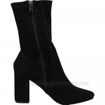 Cambridge Select Women's Closed Round Toe Soft Stretch Sock Style Chunky Block Heel Mid-Calf Boot