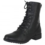 Forever Link Womens Round Toe Military Lace up Knit Ankle Cuff Low Heel Combat Boots