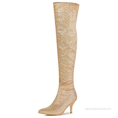 Allegra K Women's Glitter Pointed Toe Stiletto Heel Over The Knee High Boots