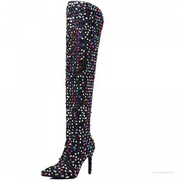 Stupmary Women Pointed Toe Sparkle Sequins Over the Knee Boots Winter Stilleo Heels Thigh High Bootie