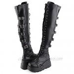 SWYIVY Women's Black Over The Knee Platform Chunky Boots Sexy Thigh Wedge Buckle Side-Zip Lace-Up Motorcycle Riding