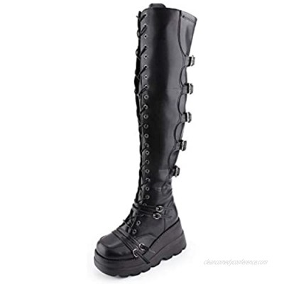 SWYIVY Women's Black Over The Knee Platform Chunky Boots Sexy Thigh Wedge Buckle Side-Zip Lace-Up Motorcycle Riding