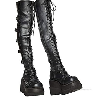 VOMIRA Sexy Thigh High Platform Boots For Women Black Over The Knee Boots Buckle Lace Up Round Toe Wedges Boots