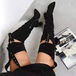 Women's Fashion Thigh High Boots Chunky Heel Belted Thigh High Sexy Belted Suspender Boots -Winter Over Knee Fashion Heeled Boots Faux Suede Solid Pointed Toe Black Heeled Boots