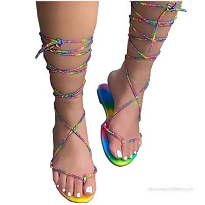 Aunimeifly Women's Crystal Rhinestones Open Toe Sandals Summer High Top Low Heel Buckle Strap Flat Shoes