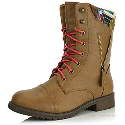 DailyShoes Women's Military Lace Up Buckle Combat Boots Zipper Sweater Ankle High Exclusive Credit Card Pocket  Red