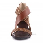 LATINDAY Womens Weave Platform Sandal Low Wedge Zipper Closure Open Toe Slide Sandal Summer Flat Beach Shoes