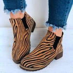 Women Chelsea Boots Fashion Square Heels Slip On Ankle Boots Pointed Toe Zebra-Strip Shoes