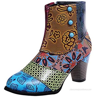 Women Retro Ankle Boots High Suqare Heels Flower Print Short Booties Round Toe Shoes
